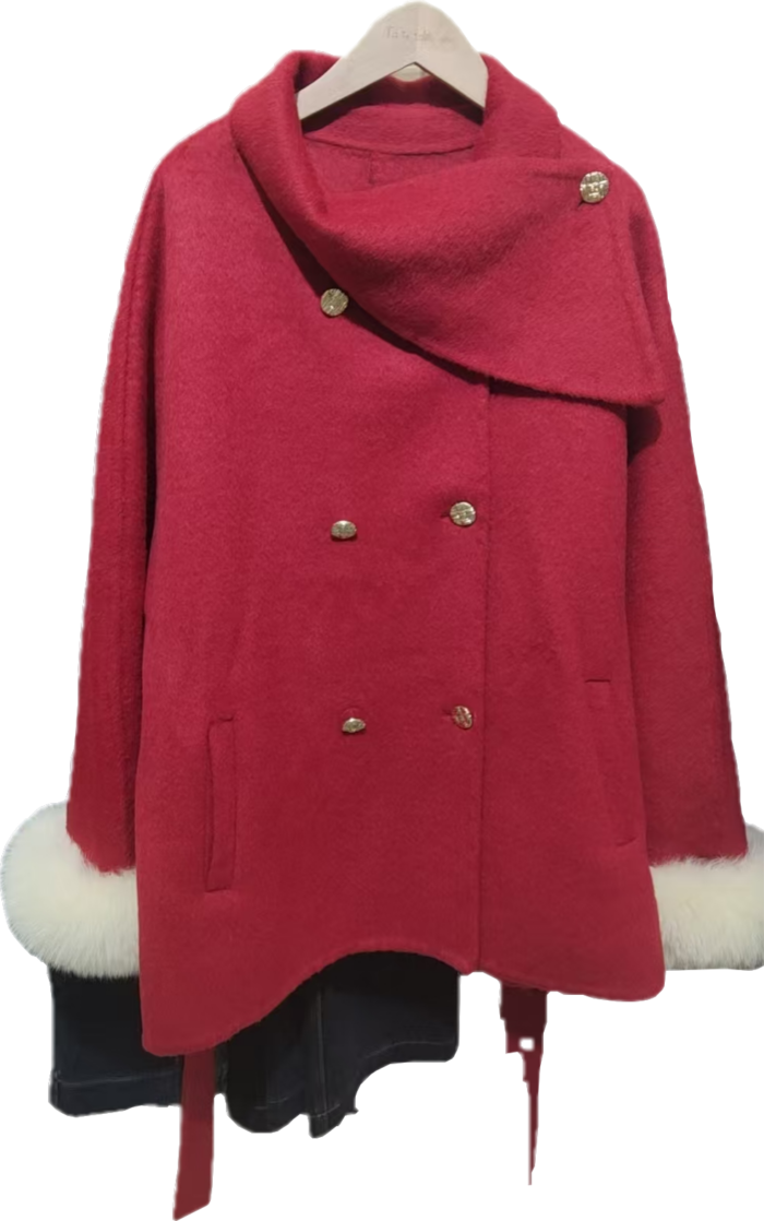 Red belted coat with fur cuffs - Image 2