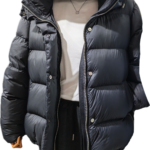 Dark black hooded puffer jacket