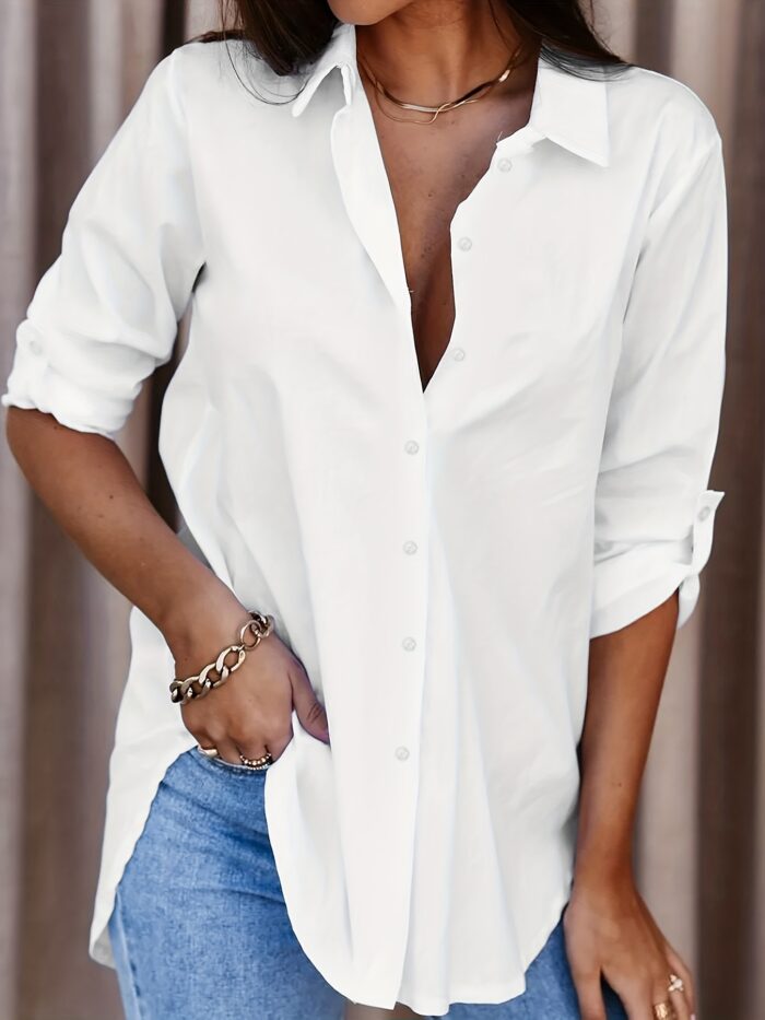 Plus Size Solid Color Shirt Buttons White Black Red - Image 9