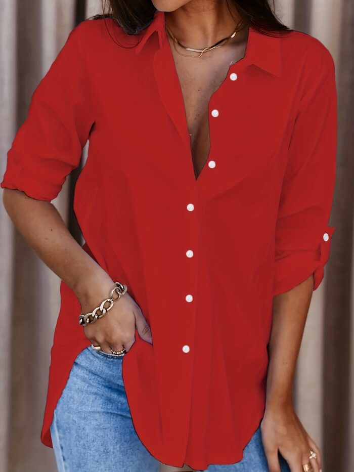 Plus Size Solid Color Shirt Buttons White Black Red - Image 5