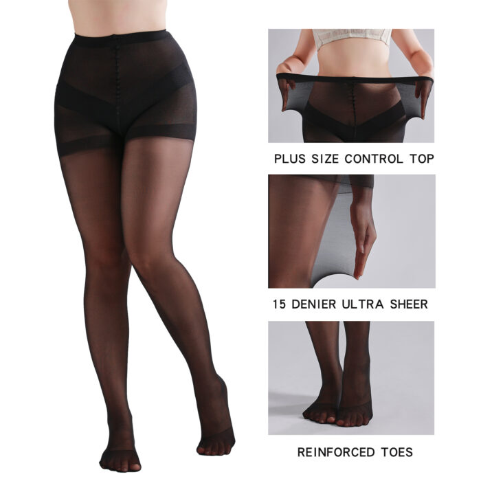 3 Pairs Plus Size Womens Sheer Tights 20D High Waist Control Top Pantyhose With Reinforced Toes - Image 5