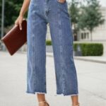 New Women’s Fashionable Casual Plus Size Jeans, High Waist Wide Leg 7-inch Straight Leg Jeans, Suitable For Various Clothing, Women’s Plus Size Women’s Clothing