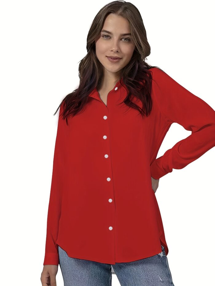 Plus Size Solid Color Shirt Buttons White Black Red - Image 7