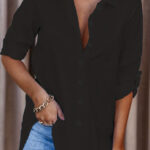 Plus Size Solid Color Shirt Buttons White Black Red