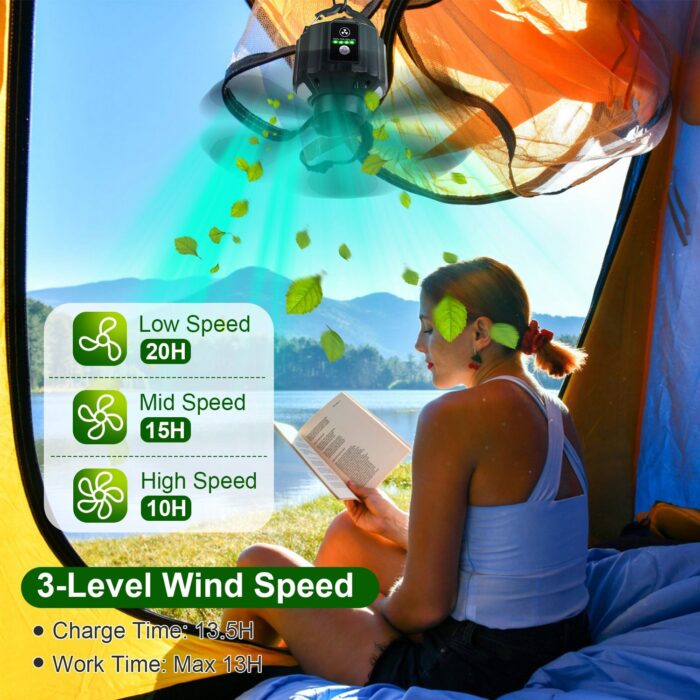 5200mAh Or 10400mAh Options -- 1Pc Portable Camping Ceiling LED Fan  USB Battery Powered Hanging Tent Lantern Fan Power Bank With 3 Fan Speed 3 Light Brightness Smart Timer Remote Control - Image 3