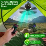 5200mAh Or 10400mAh Options -- 1Pc Portable Camping Ceiling LED Fan  USB Battery Powered Hanging Tent Lantern Fan Power Bank With 3 Fan Speed 3 Light Brightness Smart Timer Remote Control - Image 9
