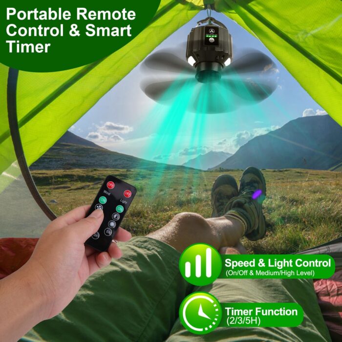 5200mAh Or 10400mAh Options -- 1Pc Portable Camping Ceiling LED Fan  USB Battery Powered Hanging Tent Lantern Fan Power Bank With 3 Fan Speed 3 Light Brightness Smart Timer Remote Control - Image 9