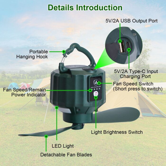 5200mAh Or 10400mAh Options -- 1Pc Portable Camping Ceiling LED Fan  USB Battery Powered Hanging Tent Lantern Fan Power Bank With 3 Fan Speed 3 Light Brightness Smart Timer Remote Control - Image 5