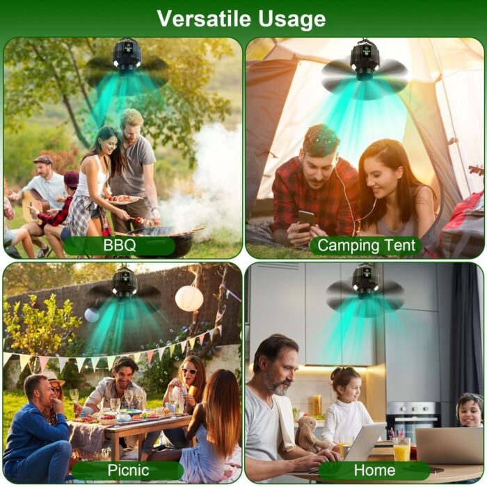 5200mAh Or 10400mAh Options -- 1Pc Portable Camping Ceiling LED Fan  USB Battery Powered Hanging Tent Lantern Fan Power Bank With 3 Fan Speed 3 Light Brightness Smart Timer Remote Control - Image 7
